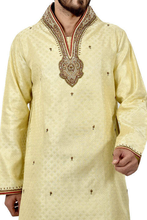 Indian Traditional Brocade Silk Lemonchiffon Kurta Pajama for Men