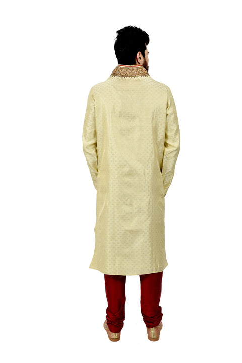 Indian Traditional Brocade Silk Lemonchiffon Kurta Pajama for Men