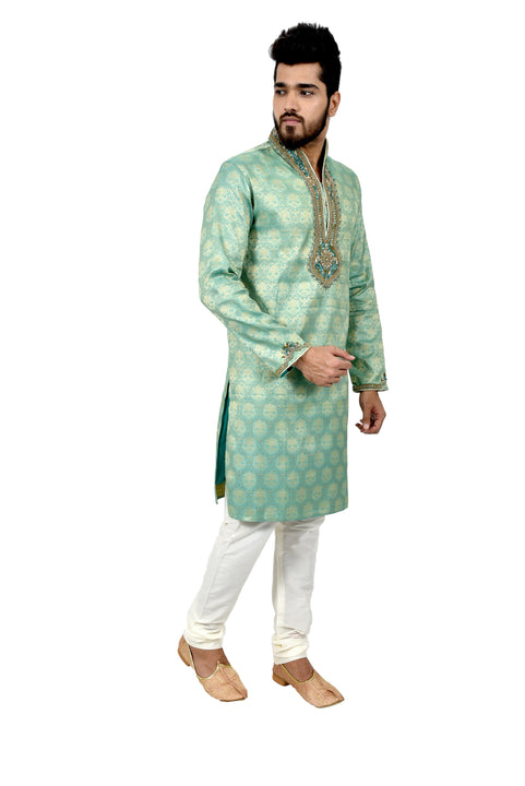 Indian Traditional Brocade Silk Aquamarine Kurta Pajama for Men