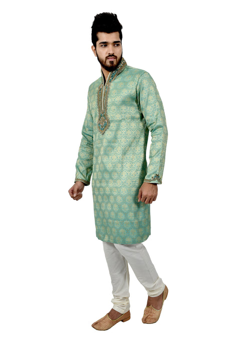 Indian Traditional Brocade Silk Aquamarine Kurta Pajama for Men