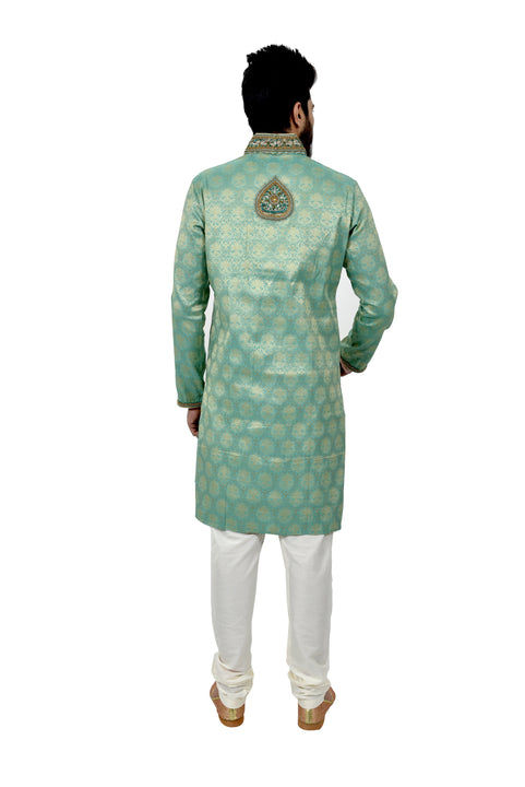 Indian Traditional Brocade Silk Aquamarine Kurta Pajama for Men