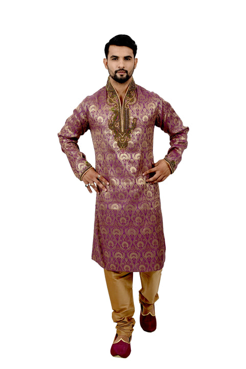 Indian Traditional Brocade Silk Purple Kurta Pajama for Men