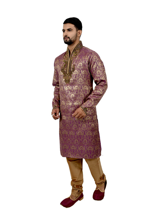 Indian Traditional Brocade Silk Purple Kurta Pajama for Men