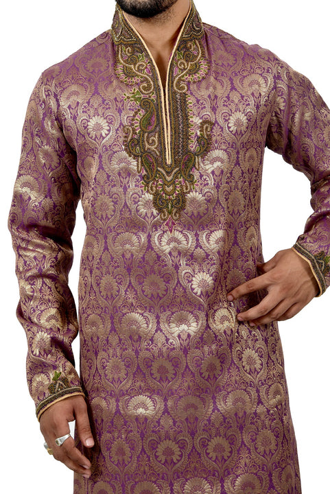 Indian Traditional Brocade Silk Purple Kurta Pajama for Men