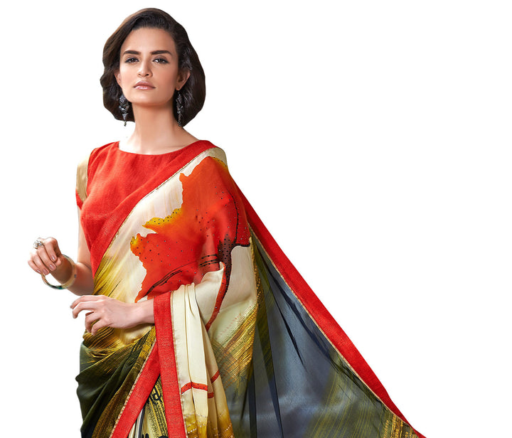 Sensational Crepe Silk Designer Hand Painted Saree Sari - D-301