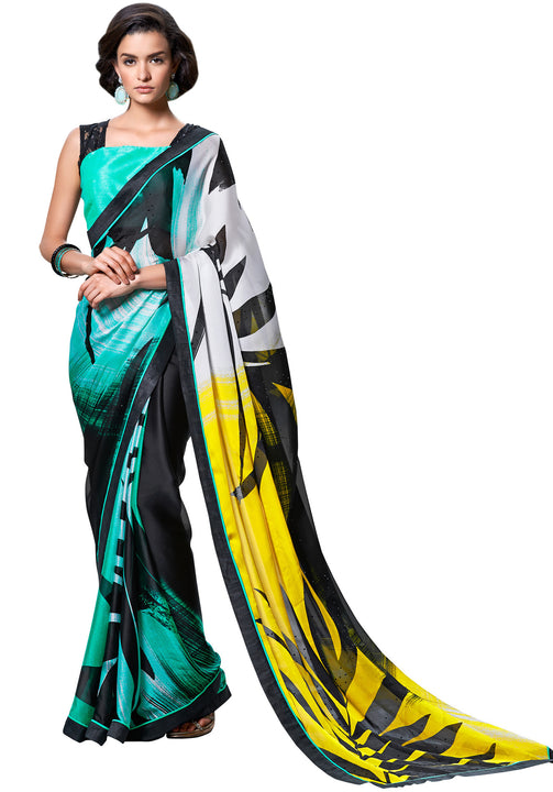 Digital Print Crepe Silk Black & Yellow Shaded Saree Sari D-305