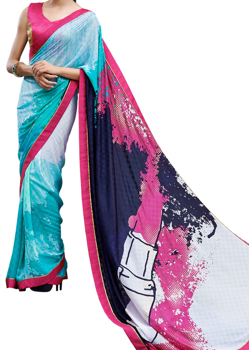 Digital Print Blue & Pink Shaded Crepe Silk Saree Sari D-310