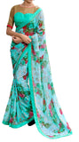 Mint Blossom Floral Print Designer Crepe Silk Saree Sari D-312