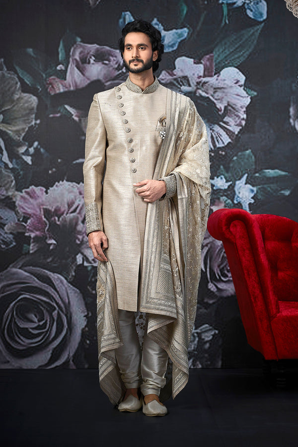 Supreme Looking Cream Traditional Indian Wedding Sherwani For Men - WS135034SNT