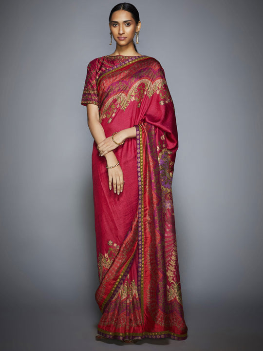 Red & Fuchsia Embroidered Silk Saree With Unstitched Blouse-Front Look