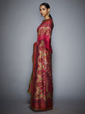 Red & Fuchsia Embroidered Silk Saree With Unstitched Blouse-Side