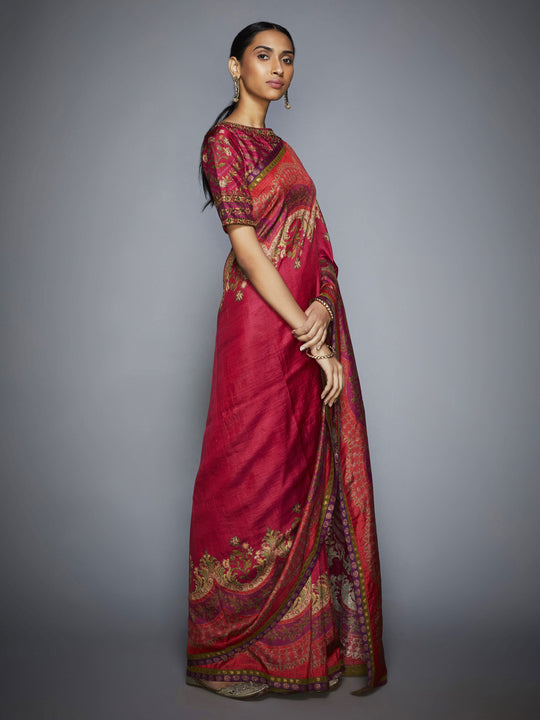 Red & Fuchsia Embroidered Silk Saree With Unstitched Blouse-Side Look