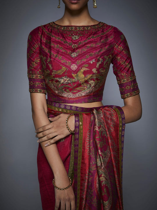 Red & Fuchsia Embroidered Silk Saree With Unstitched Blouse-Closeup