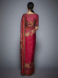 Red & Fuchsia Embroidered Silk Saree With Unstitched Blouse-Back