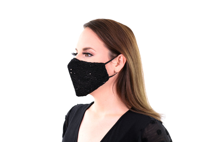 2 Pack Sequin Black Face Mask Bling Sparkle 3 Layer Reusable, Washable, Soft Fabric, Adjustable Ear Loops & Pocket for Filter