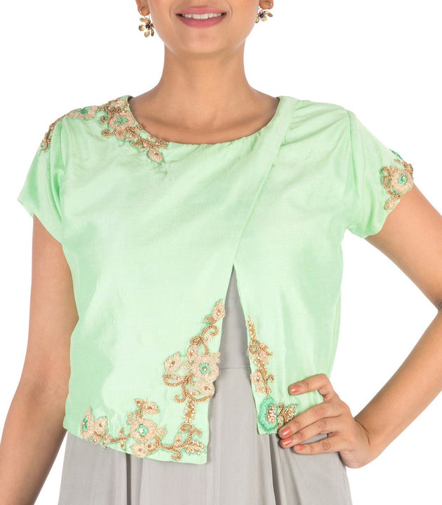 Hand Embroidered Powder Green & Grey Jacket Gown