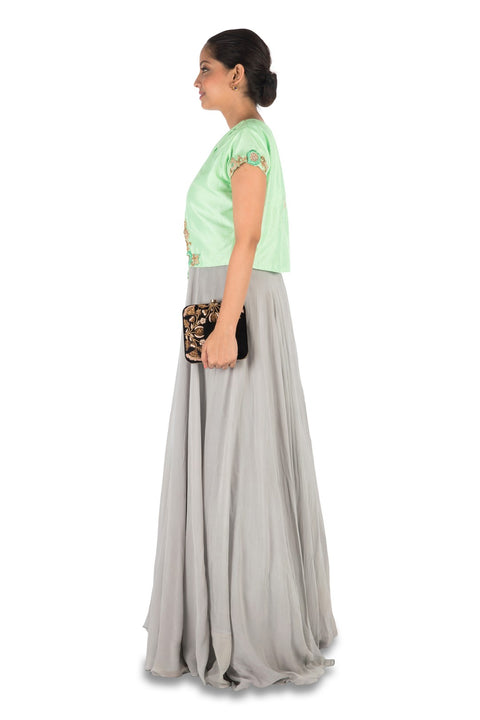 Hand Embroidered Powder Green & Grey Jacket Gown