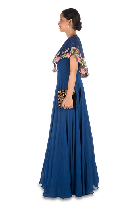 Navy Blue Asymmetrical Cape Gown