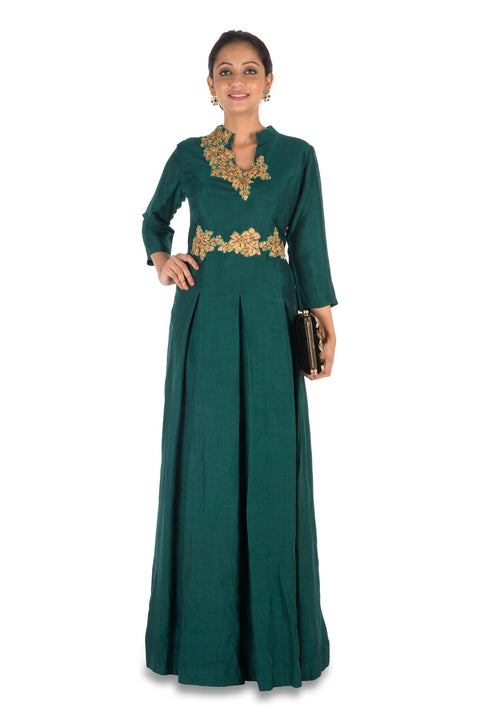 Dark Green Box Pleat Gown