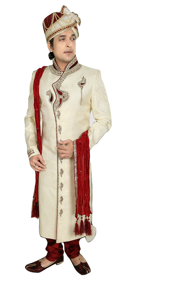 Ethnic Butter Cream Brocade Silk Indian Wedding Sherwani For Men