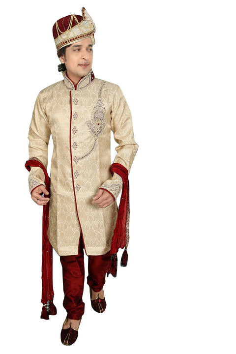 Traditional Cream Brocade Silk Indian Wedding Sherwani For Men