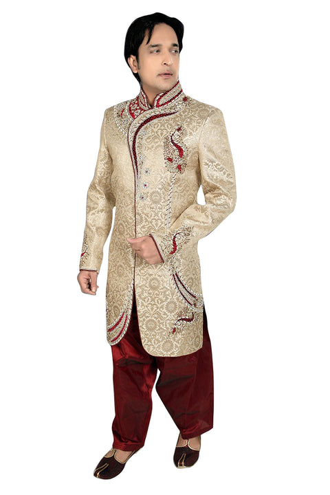 Ethnic Brown Brocade Silk Indian Wedding Sherwani For Men