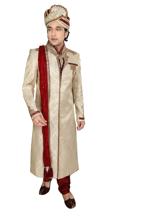 Traditional Brown Brocade Silk Indian Wedding Sherwani For Men