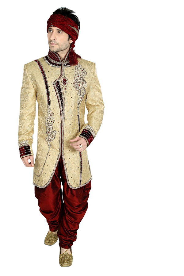 Classic Brown Brocade Silk Indian Wedding Sherwani For Men