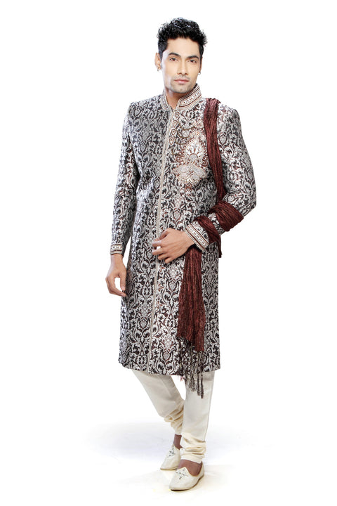 Traditional Saddle Brown and Off White Brocade Silk Indian Wedding Sherwani For Men