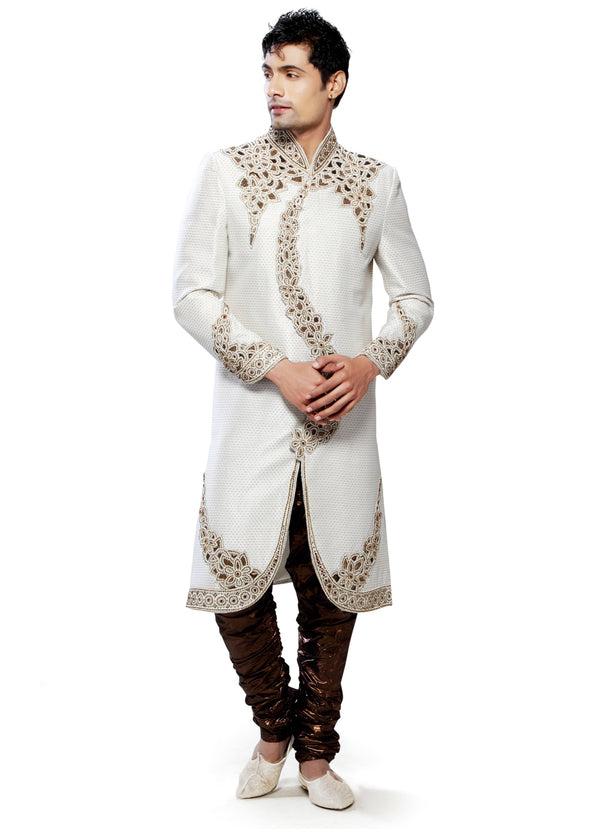 Fancy Off White Brocade Silk Indian Wedding Sherwani For Men