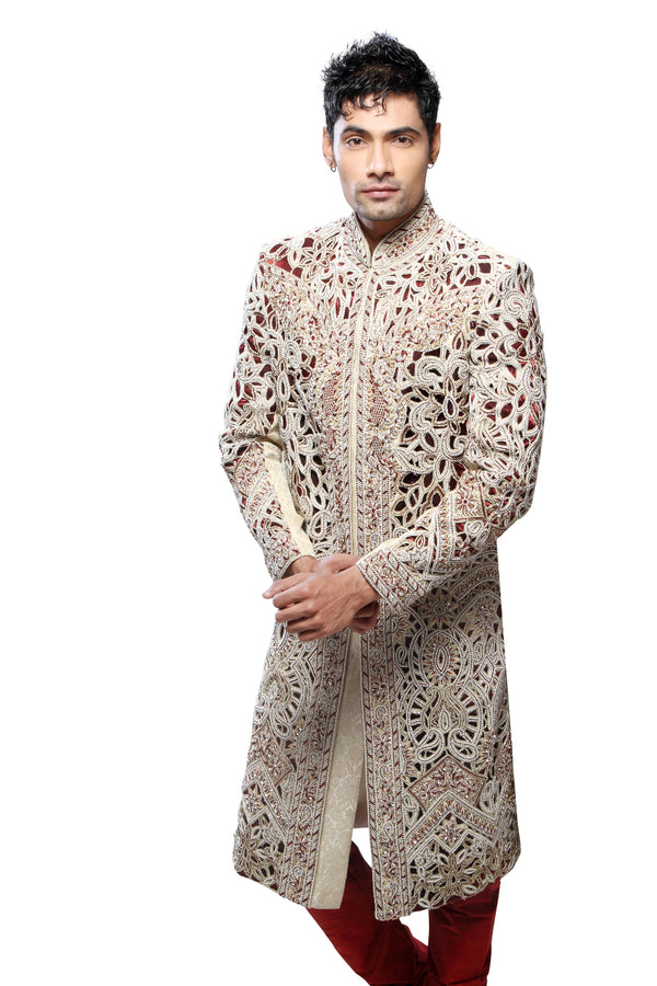 Modern Cream Brocade Silk Indian Wedding Sherwani For Men