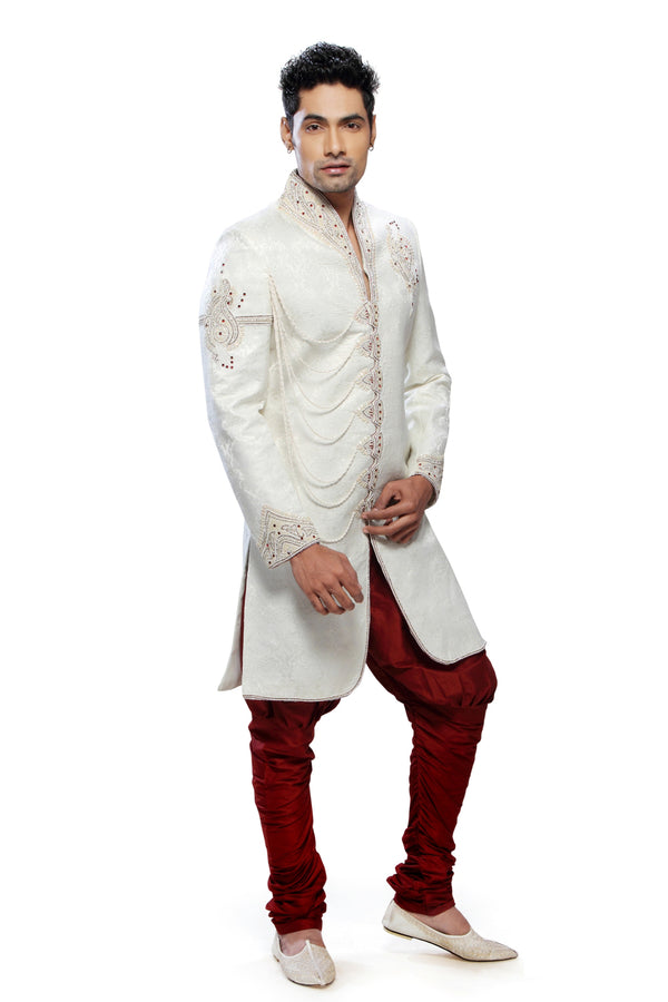 Fancy Cream Brocade Silk Indian Wedding Sherwani For Men