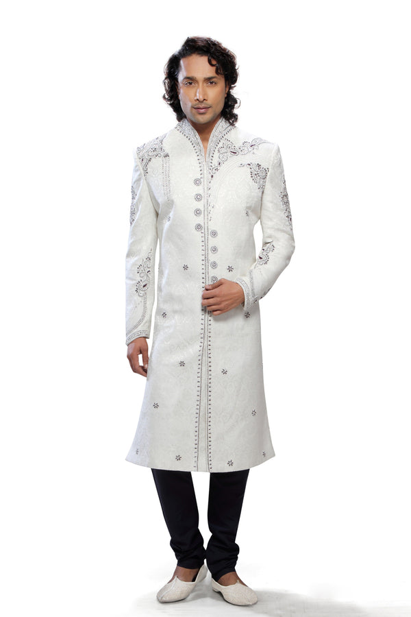 Classic Cream Brocade Silk Indian Wedding Sherwani For Men