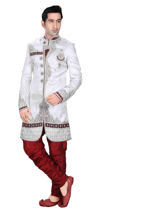 Ethnic Off White Brocade Silk Indian Wedding Sherwani For Men