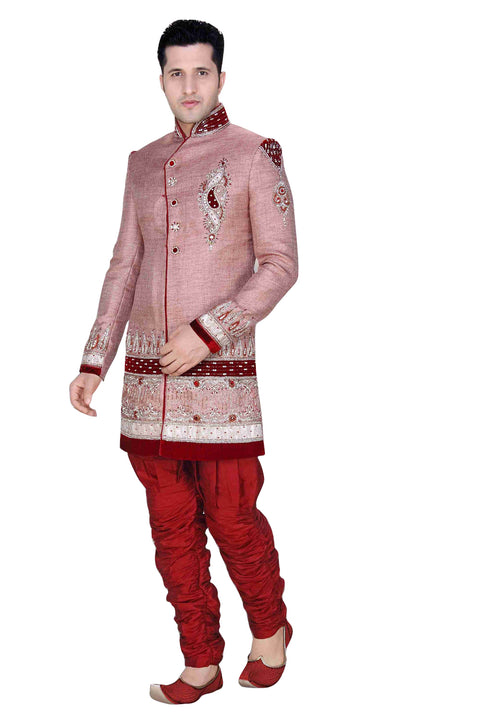 Ethnic Rose Pink Brocade Silk Indian Wedding Sherwani For Men