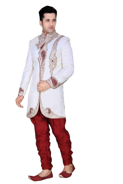 Modern White Brocade Silk Indian Wedding Sherwani For Men