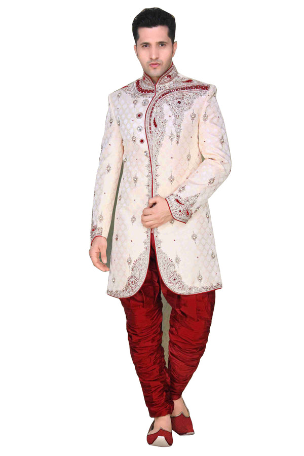 Traditional Off White Brocade Silk Indian Wedding Sherwani For Men