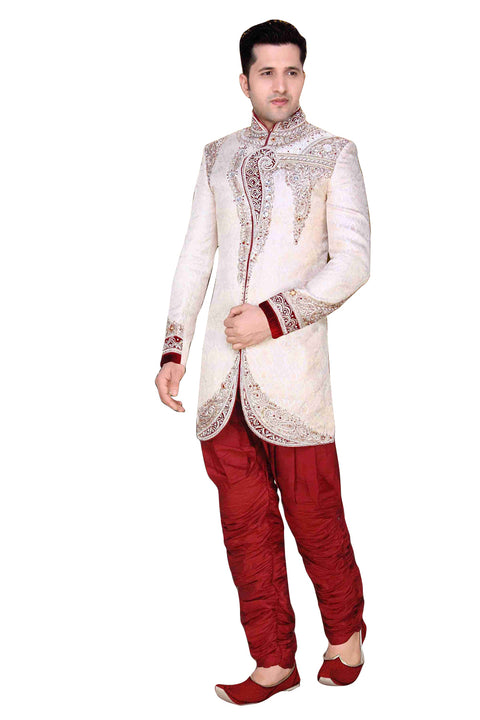 Fancy Off White Brocade Silk Indian Wedding Sherwani For Men