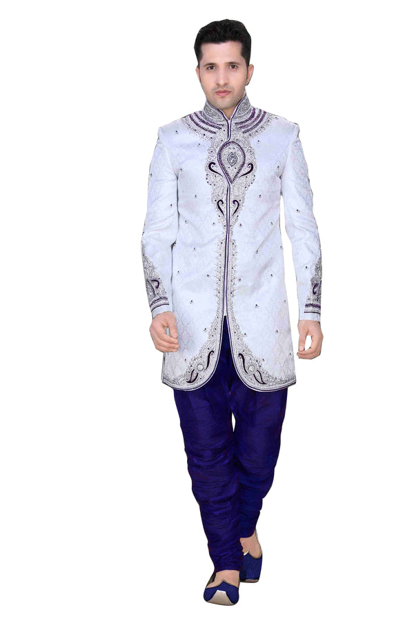 Elegant Off White Brocade Silk Indian Wedding Sherwani For Men