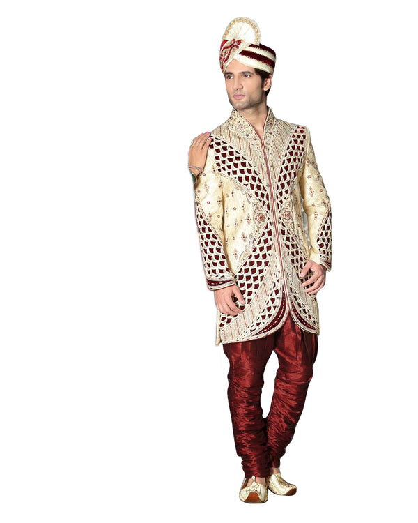 Ethnic Cream Jacquard Silk Indian Wedding Sherwani For Men