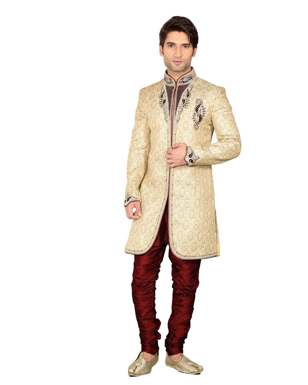Modern Cream Jacquard Silk Indian Wedding Sherwani For Men