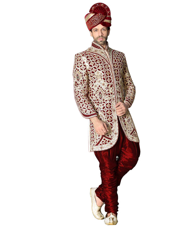 Fancy Off White Fancy Fabric Silk Indian Wedding Sherwani For Men