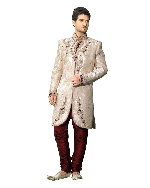 Ethnic Off White Jacquard Silk Indian Wedding Sherwani For Men