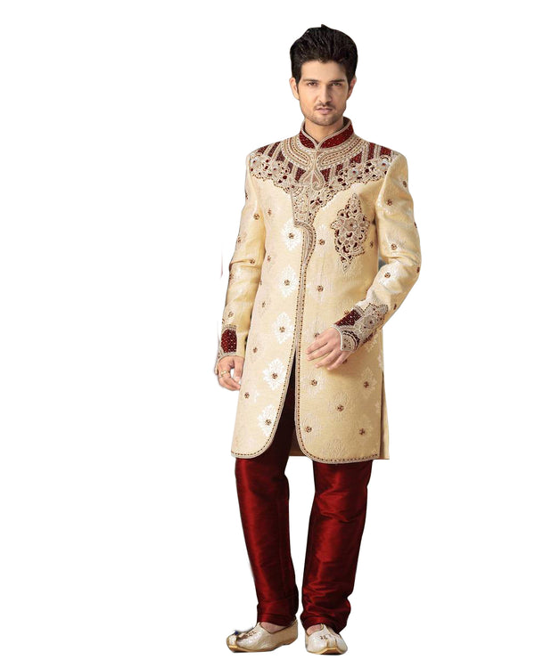 Modern Cream Jacquard Silk Indian Wedding Sherwani For Men