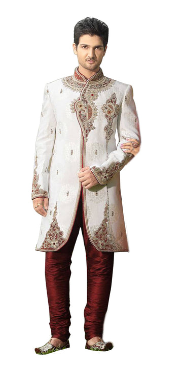 Fancy Off White Jacquard Silk Indian Wedding Sherwani For Men
