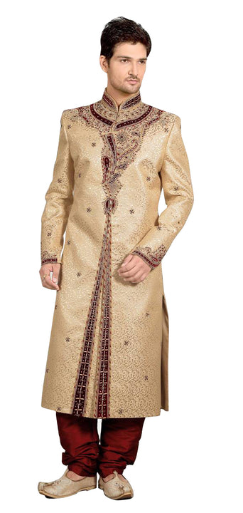 Fancy Cream Brocade And Jacquard Silk Indian Wedding Sherwani For Men