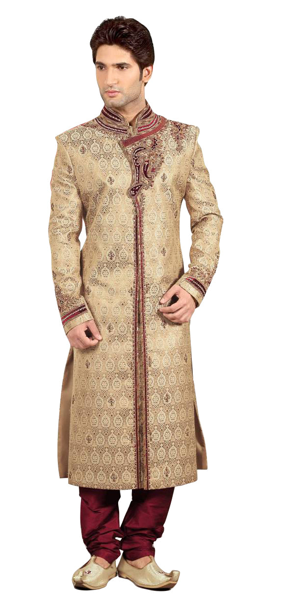 Modern Beige Jacquard Silk Indian Wedding Sherwani For Men