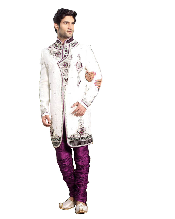Admirable White Jacquard Silk Indian Wedding Sherwani For Men