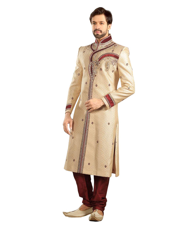 Traditional Beige Jacquard Silk Indian Wedding Sherwani For Men