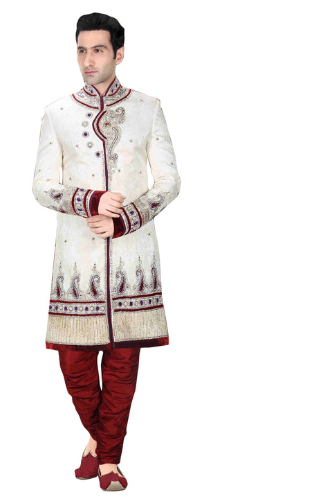 Ethnic Cream Brocade Silk Indian Wedding Sherwani For Men